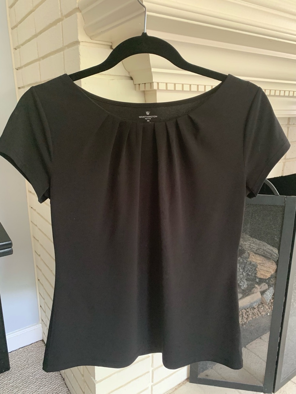Worthington Black Short-Sleeve Pleated Neck Blouse Petite Small